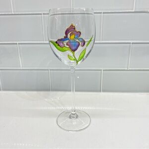 Hand Painted & Signed Purple Iris Fine Crystal Wine Glasses One Piece 9"